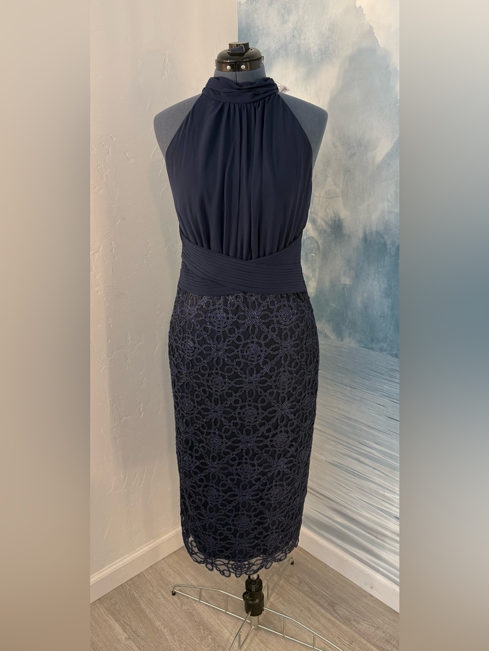 Fehaute Elegant Navy Halter Lace Sheath Dress #357